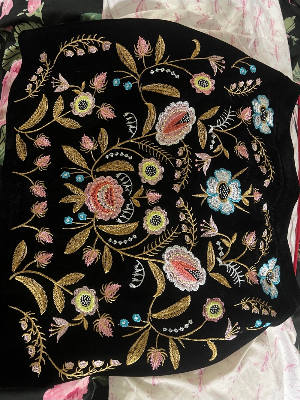 Lucy Paris Black Velvet embroidered Skirt with Gold Zipper.